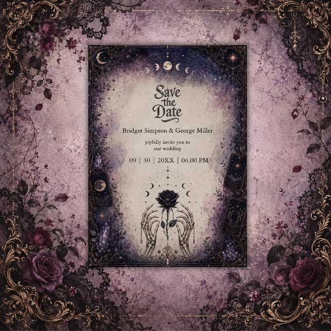 Convite Casamento Rosa Lua Tarô Gótico Esqueleto  (Criador carregado)