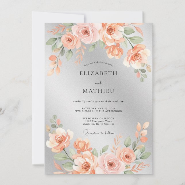 Convite Casamento Rosa Lustroso Prata (Frente)