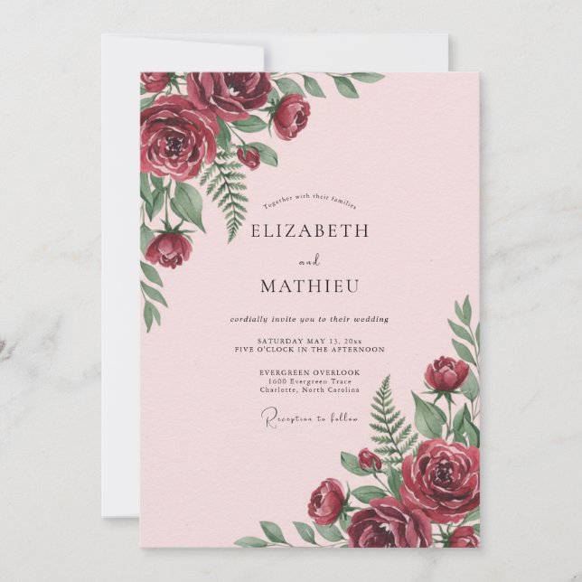Convite Casamento Rosa Macio Maroon Fern (Frente)