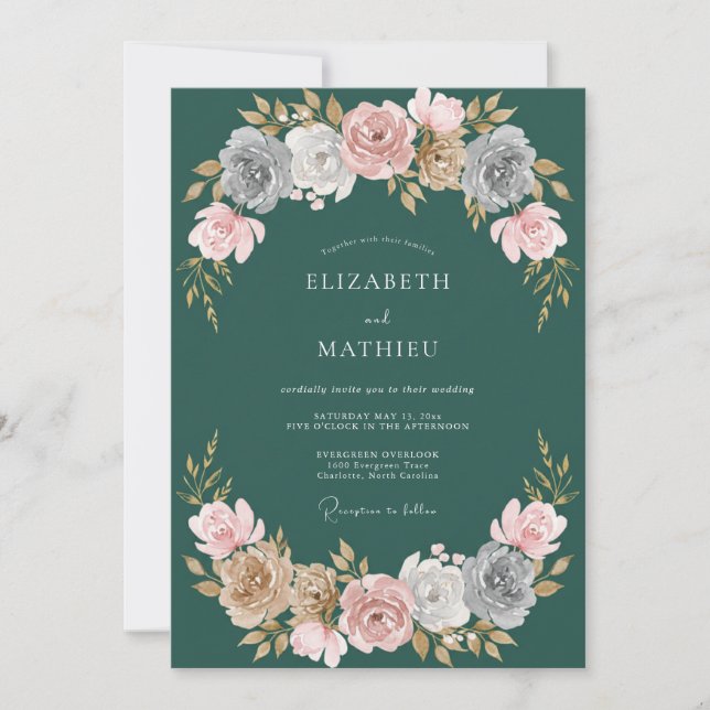 Convite Casamento Rosa Majestosa Hunter Verde (Frente)
