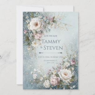 Convite Casamento Rosa Marfim Aquarela Água Névoa Teal