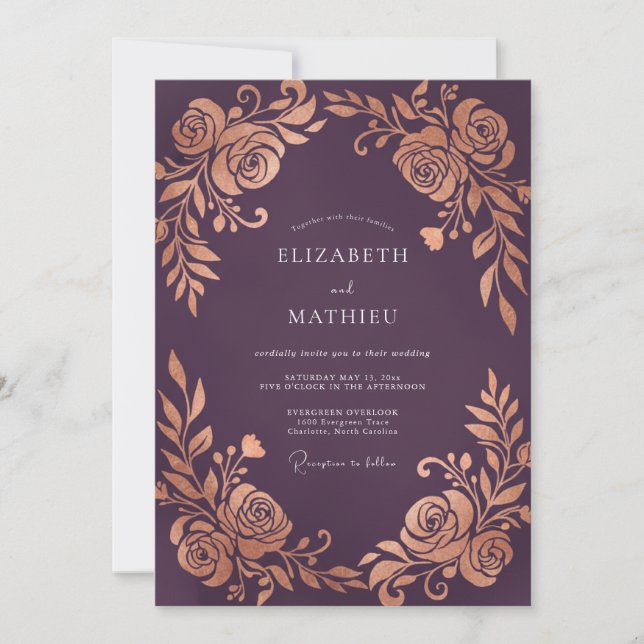 Convite Casamento Rosa Metálico Ameixa (Frente)