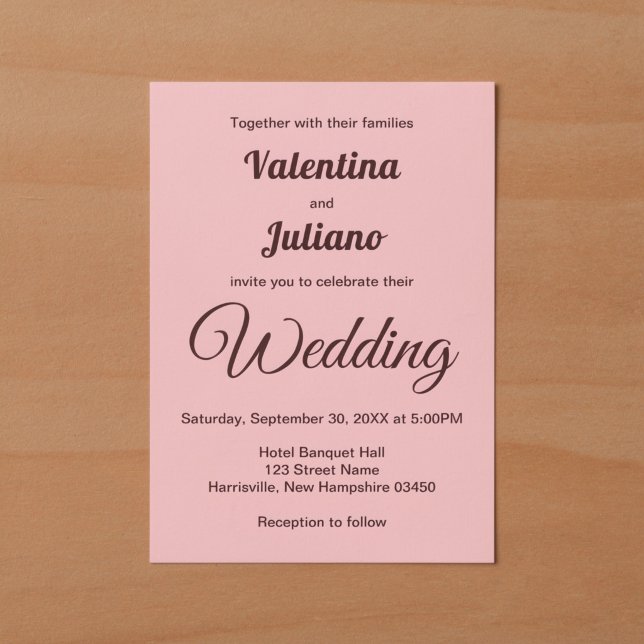 Convite Casamento Rosa Minimalista Com Texto Burgundy Escu (Typography style minimalist pink wedding invitation)