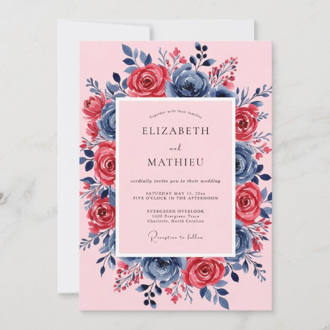 Convite Casamento Rosa Navy Luxuriante de Primavera (Frente)