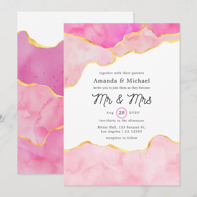 Convite Casamento rosa, negro e Dourado (Frente/Verso)