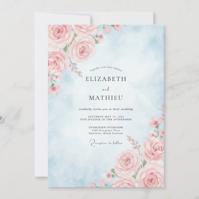 Convite Casamento Rosa Pálido Azul Pó (Frente)