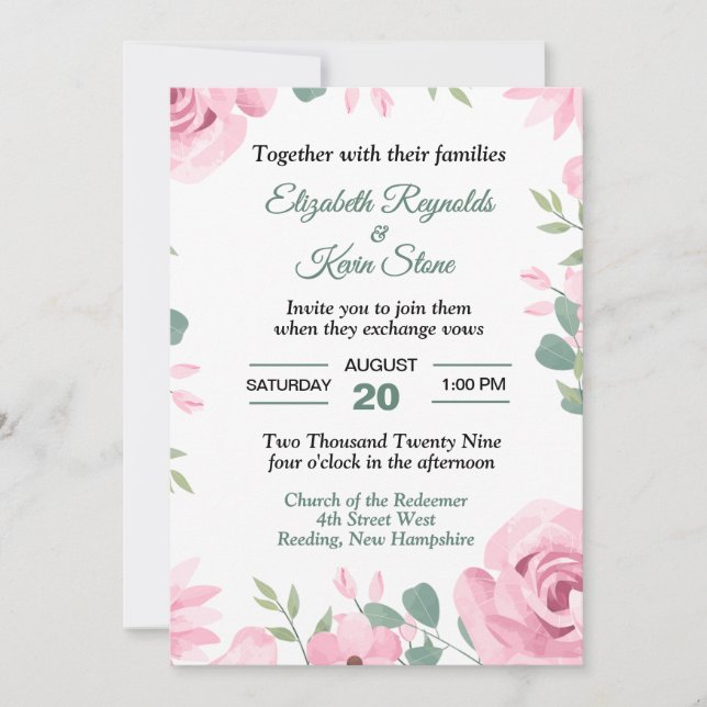 Convite Casamento Rosa Pastel e Verde Marinho (Frente)