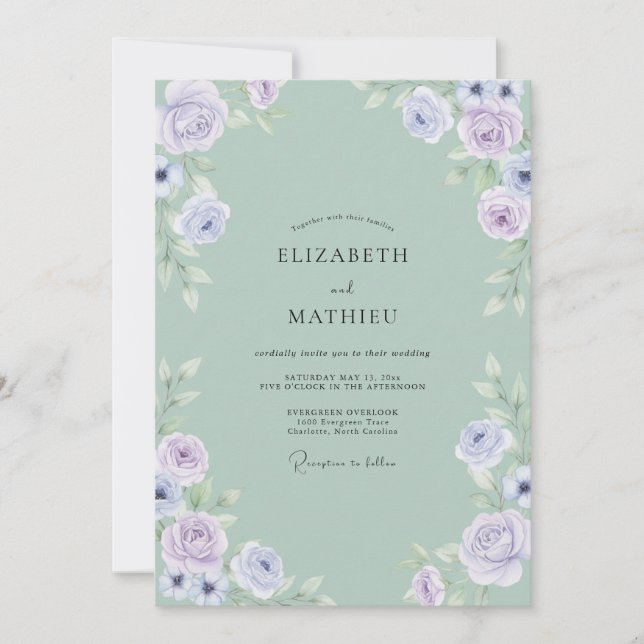 Convite Casamento Rosa Periwinkle Celadon (Frente)