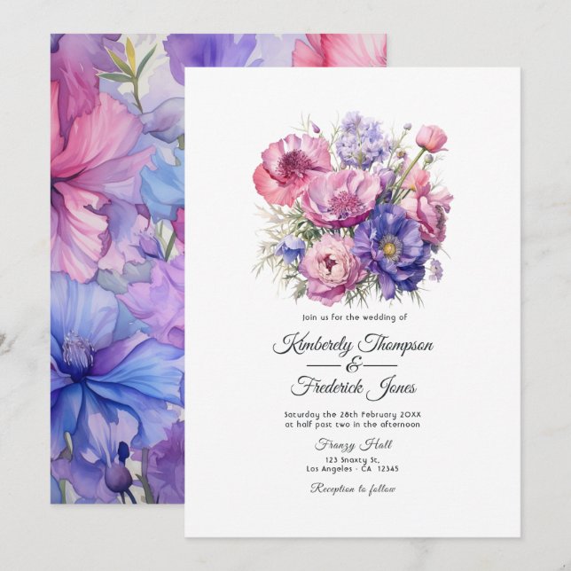 Convite Casamento Rosa Pétala, Azul Centáurea e Roxo Malva (Frente/Verso)