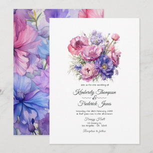 Convite Casamento Rosa Pétala, Azul Centáurea e Roxo Malva