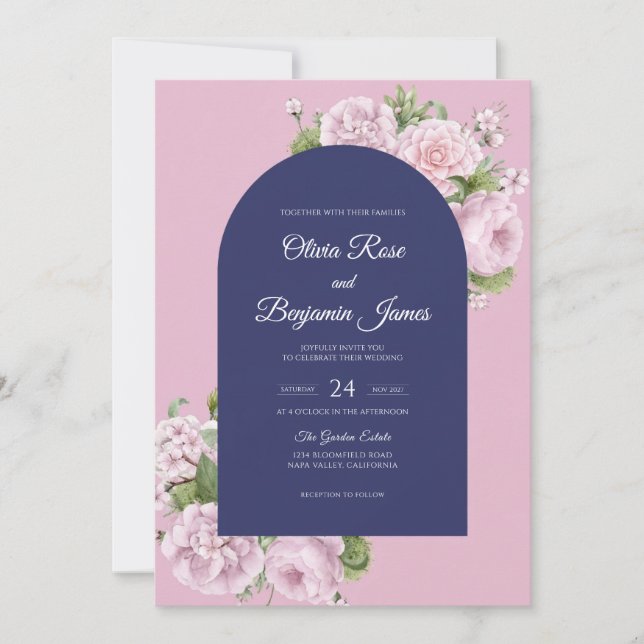 Convite Casamento Rosa Pink Marinho (Frente)