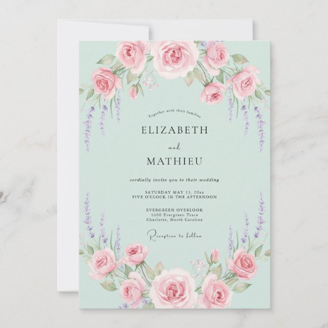 Convite Casamento Rosa Poeira Lilás Menta (Frente)