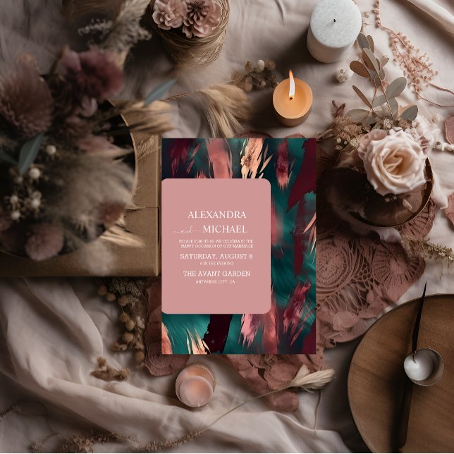 Convite casamento rosa poeirento e verde-escuro abstrato d (Criador carregado)