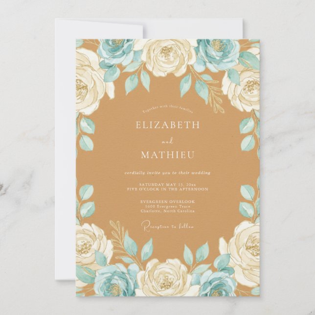 Convite Casamento Rosa Quente Aqua Bege (Frente)