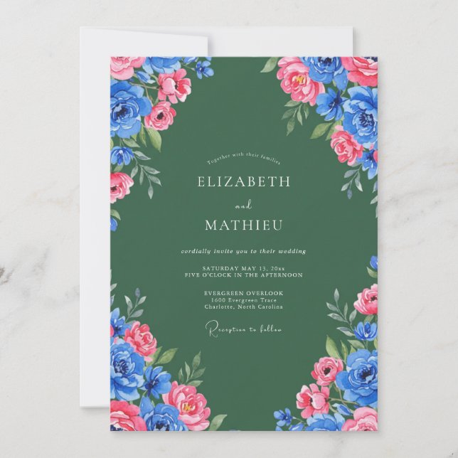 Convite Casamento Rosa Radiante Hunter Verde (Frente)