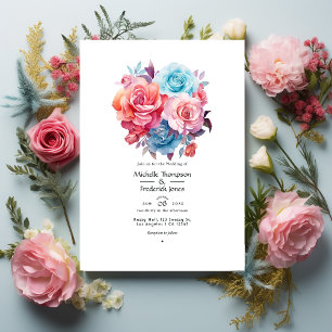 Convite Casamento Rosa, Rosa Bege, Turquesa e Azul