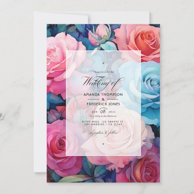 Convite Casamento Rosa, Rosa Bege, Turquesa e Azul (Frente)