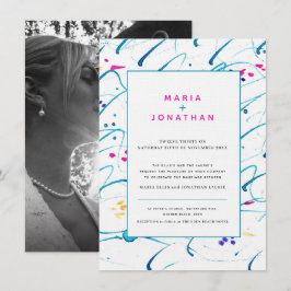 Convite casamento rosa-rosa com ondas tropicais abstrato