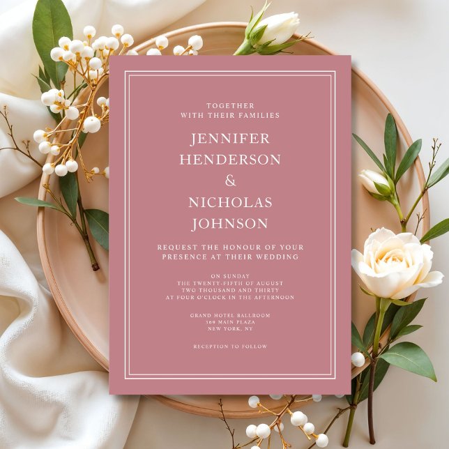 Convite Casamento Rosa-Rosa Elegante (Elegant Formal Dusty Pink Wedding Invitation)