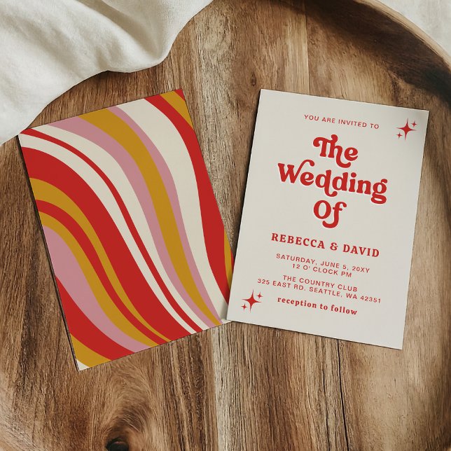 Convite Casamento rosa-rosa-marfim-de-marfim-bonito (Retro Groovy 70s Cute Ivory Red Pink Wedding Invitation)