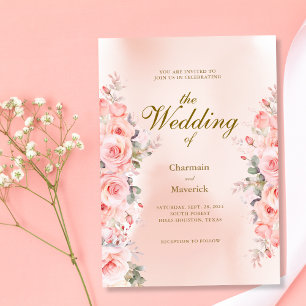 Convite Casamento Rosa-Rosa-Pintado-Floral Elegante