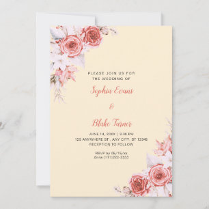 Convite Casamento Rosa Rosa Rústico Elegante Outono Laranj