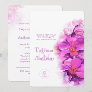 Convite Casamento rosa roxo com cor d'água estilizada