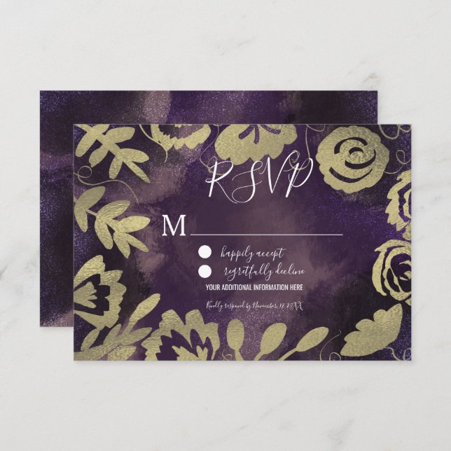 Convite Casamento Rosa Roxo-Dourado do Jardim Floral Botân (Frente/Verso)