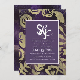 Convite Casamento Rosa Roxo-Dourado do Jardim Floral Botân