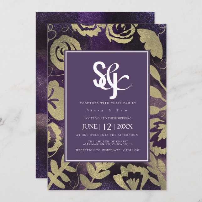 Convite Casamento Rosa Roxo-Dourado do Jardim Floral Botân (Frente/Verso)