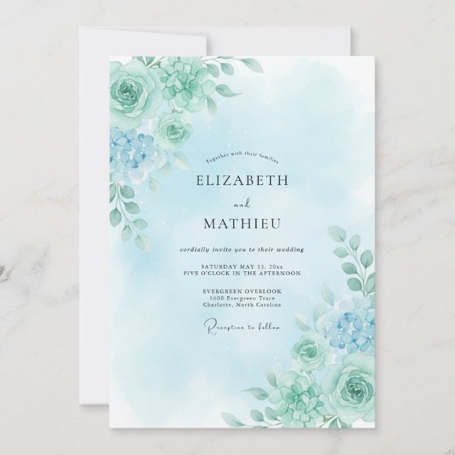 Convite Casamento Rosa Serena Verde Espuma do Mar (Frente)