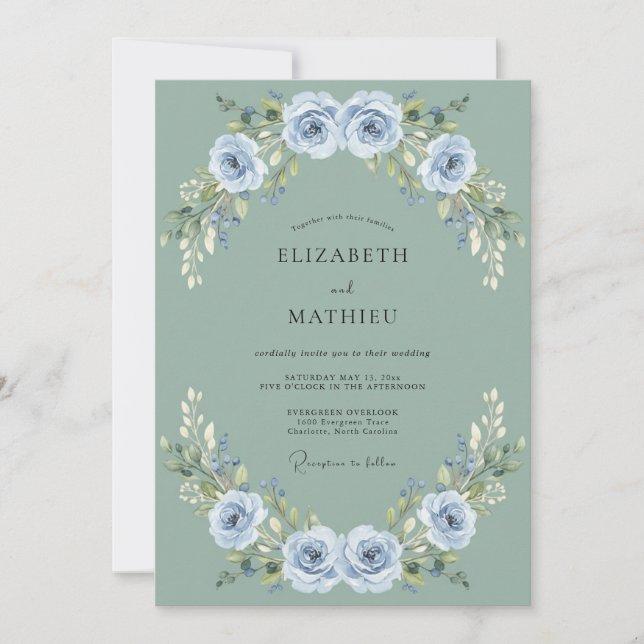 Convite Casamento Rosa Suave Azul Aço (Frente)