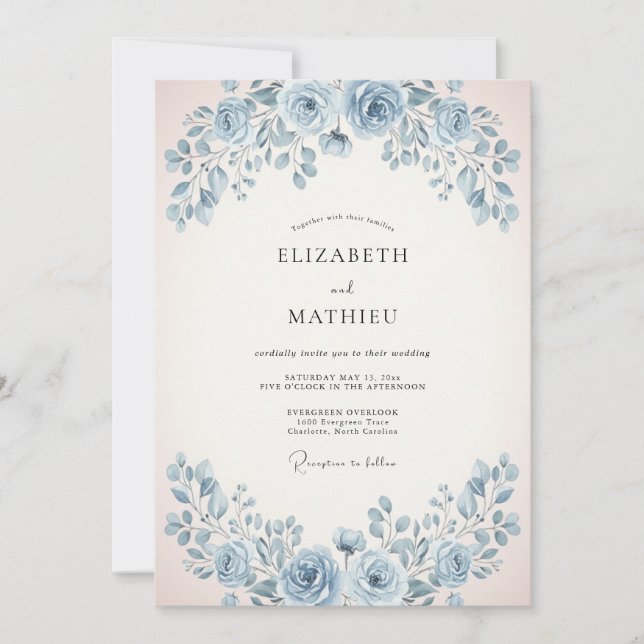 Convite Casamento Rosa Suave Azul Pó (Frente)
