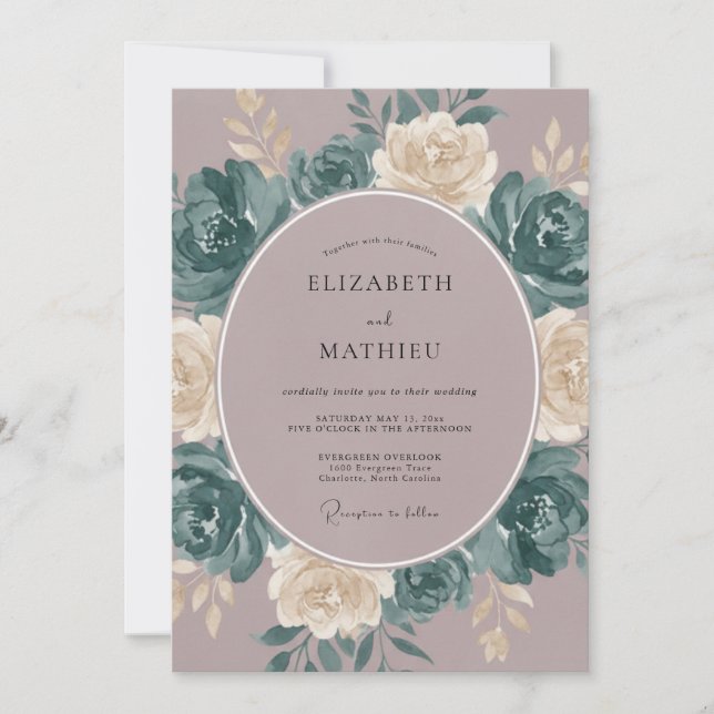 Convite Casamento Rosa Teal Atmosférico (Frente)
