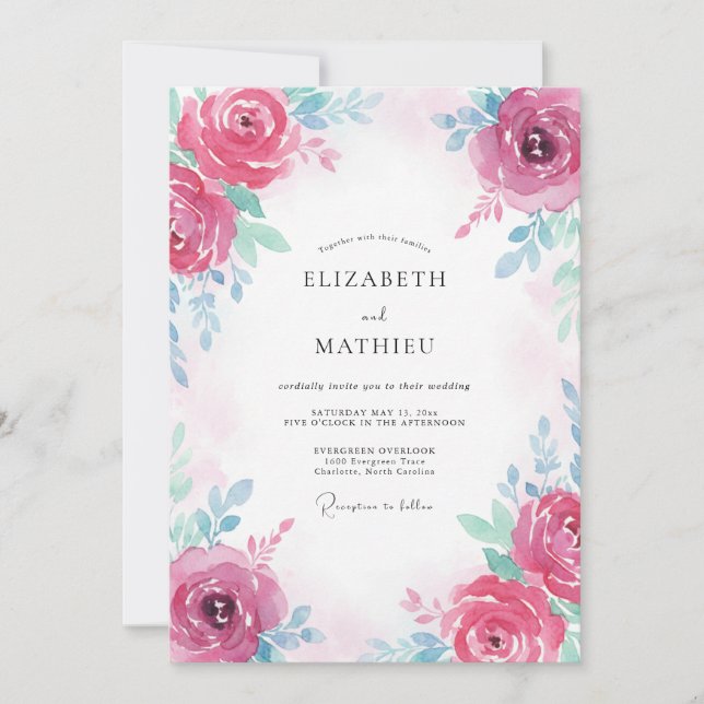 Convite Casamento Rosa Teal Fúcsia (Frente)