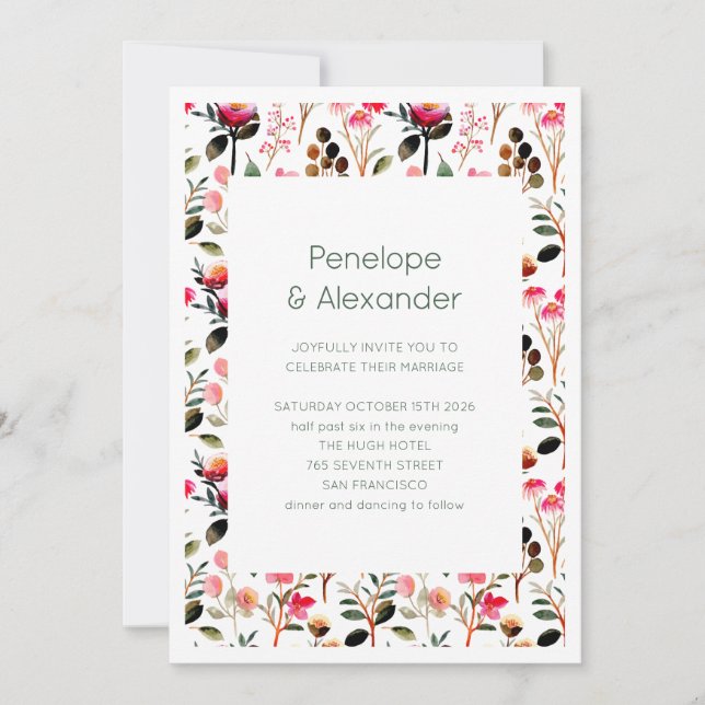 Convite Casamento Rosa Verde Boho Floral Jardim Primavera  (Frente)