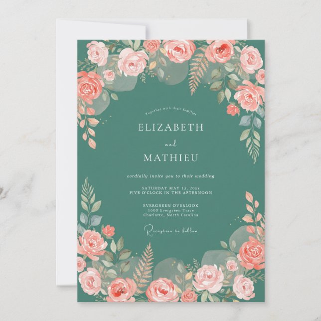 Convite Casamento Rosa Verde Teal (Frente)