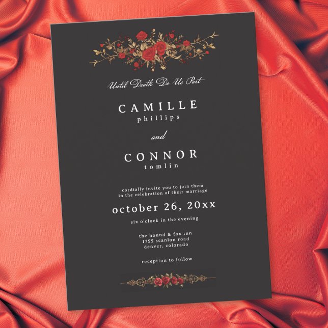 Convite Casamento Rosa Vermelho Gótico Até que a Morte Nos (Gothic Red Rose Until Death Do Us Part Wedding Invitation)