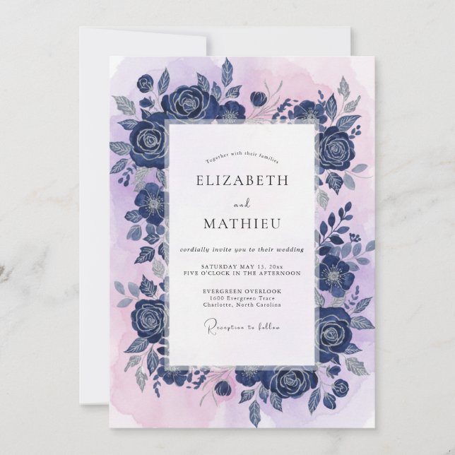 Convite Casamento Rosa Violeta Cobalto (Frente)