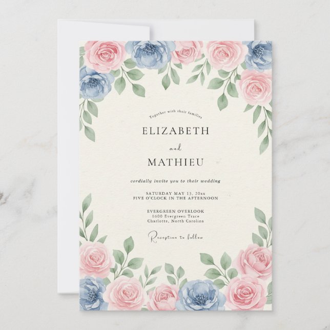 Convite Casamento Rosado Azul Empoeirado de Primavera (Frente)