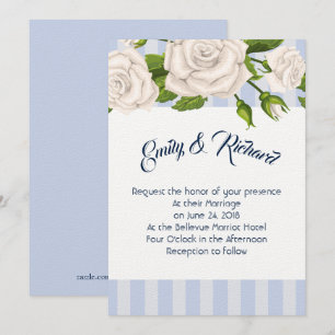 Convite Casamento Rosas Brancas-Convite em Stripes Azuis