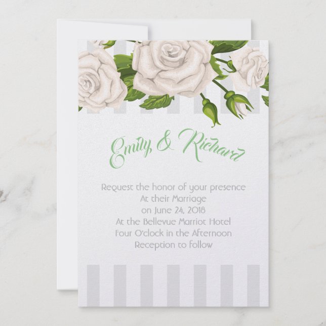 Convite Casamento Rosas Brancas em Stripes Invitati (Frente)