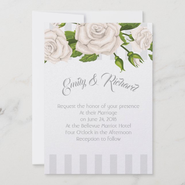 Convite Casamento Rosas Brancas em Stripes Invitati (Frente)