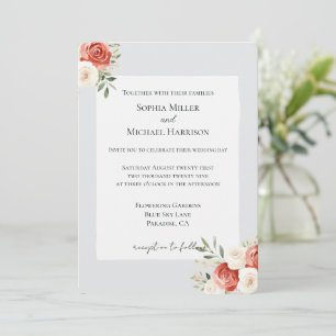 Convite Casamento Rosas Creme Vermelho Cinza Romântico