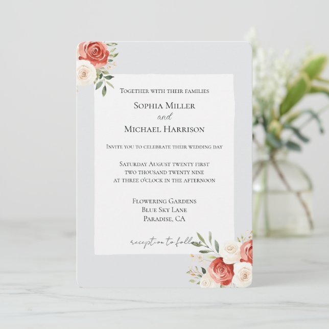 Convite Casamento Rosas Creme Vermelho Cinza Romântico (Em pé/Frente)