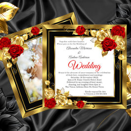 Convite Casamento Rosas Douradas Vermelhas Foto Preto Dour