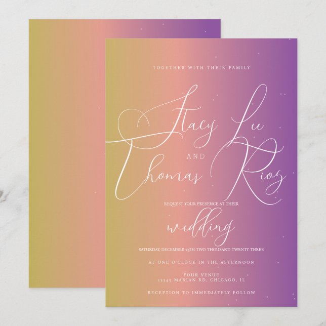 Convite Casamento Roscrito Roxo Ombre Moderno e Ousado   (Frente/Verso)