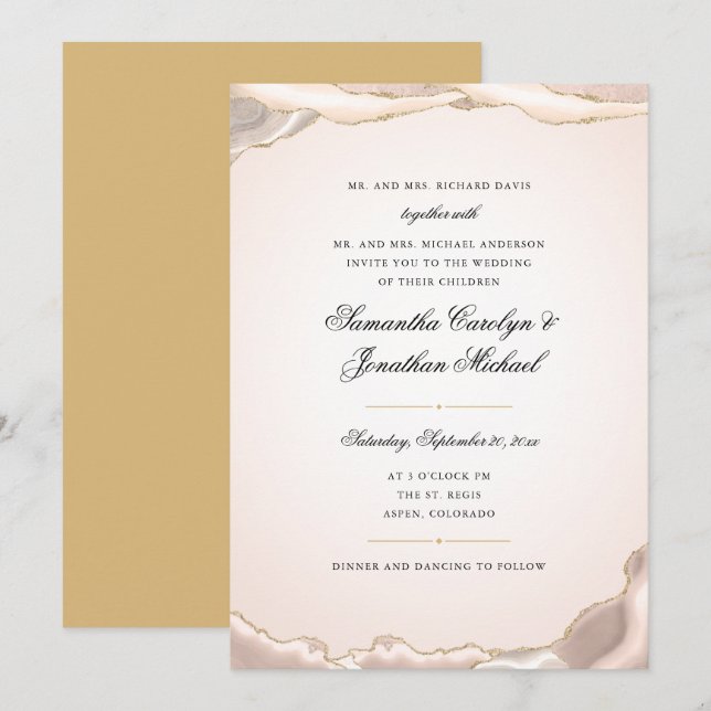 Convite Casamento Roteiro Brilho Ouro Ágata Rosa (Frente/Verso)