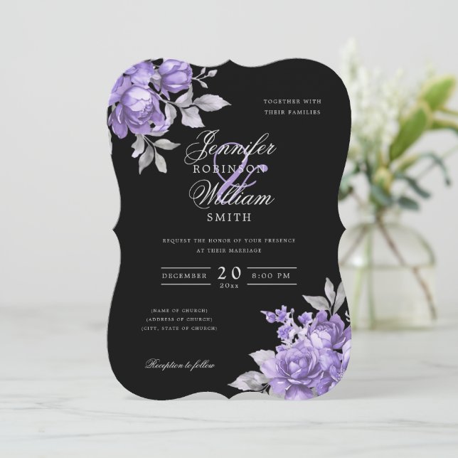 Convite Casamento Roteiro Roxo Rústico Floral Preto  (Em pé/Frente)