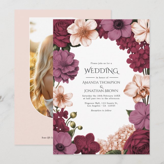 Convite Casamento Rouge Garnet, Rosette Mauve & Peach Silk (Frente/Verso)